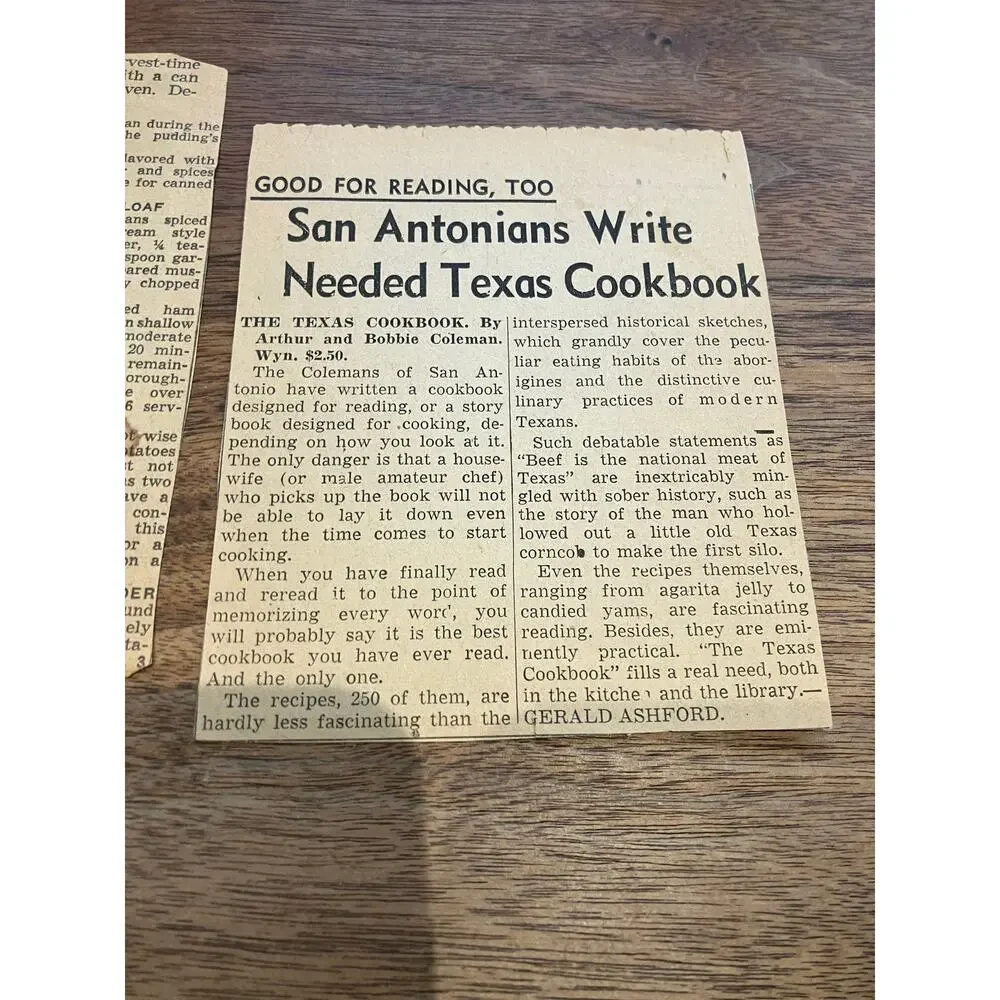 Texas Cookbook Arthur & Bobbie Coleman 1949 +‎ Newspaper Articles and Recipes
